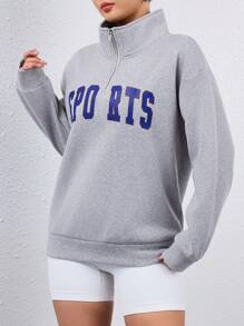 Damen Buchstaben Muster Frontzippverschluss Langarm Lässig Sweatshirt für den Sport