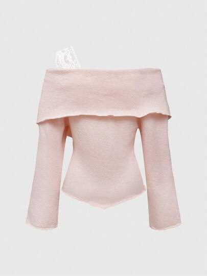 Kawaii Women's Y2K Retro Style Off Shoulder Collared Contrast Lace Rose Flower Knit Top
