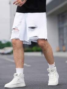 Manfinity Homme Plus Size Men's Casual Denim Shorts, Minimalist And Fashion For Daily Wear - White - View 4
