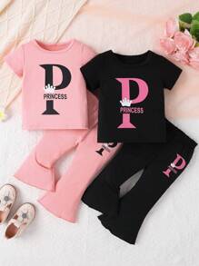4pcs Baby Girl Fashion Simple Letter Crown Print Short Sleeve T-Shirt And Flared Pants Set, Spring/Summer