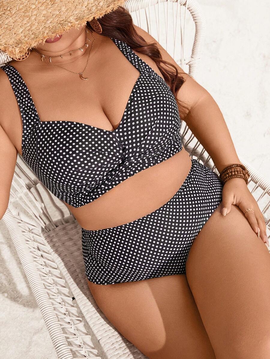 Swim Lushoire Plus Size Women 2pcs Polka Dot Printed Set, Thick Strap Twist Front Top And High Waist Triangle Bikini, Holiday Swimwear, For Summer Beach Vacation - Black and White - View 1