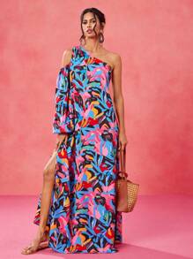 JIAN LASALA Vrouwen Multicolor Maxi-jurken Boho Asymmetrische Hals Lange Mouw Tropisch, All-over Print Asymmetrisch, Volant, Split Dij Zomeroutfits voor Vrouwen Zomerjurk Vrouwen Vakantie-outfits Uitgaan, Strandoutfits voor Vrouwen