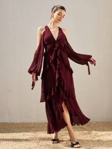 GENKIRA Vestido de gasa con cuello en V profundo sin tirantes, con volantes rojos, de manga larga, estilo italiano romántico para damas, adecuado para el Día de los Enamorados - Rojo - Ver 4