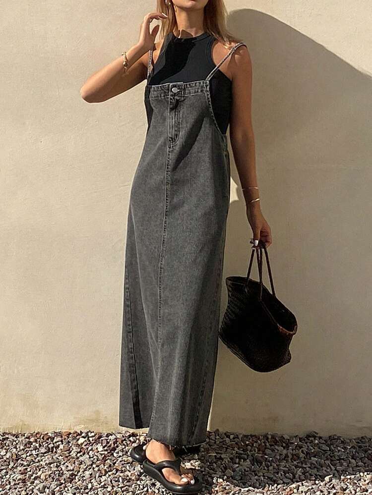 Women's Simple Casual Button Pocket Front Straps Long Denim Spaghetti Strap Dress Sundress Vacation