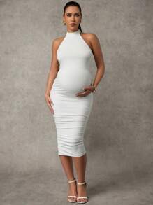 MaterniChic Maternity Solid V-Neck Sleeveless Slim Fit Long Dress