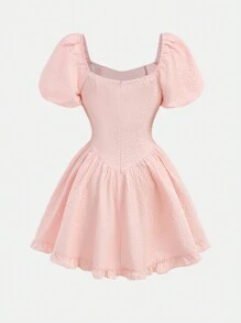 Girlism Teen Girl Retro Ruffled Hem Bowknot Decor Puff Sleeve A-Line Dress, Ruffle Waist Gathered, French Style, Pink, Suitable For Spring/Summer, Vacation, Party, Birthday, Holiday
