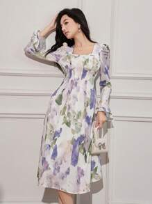 DAZY 女式花卉印花方领喇叭袖口中长连衣裙，荷叶边，秋季连衣裙长袖连衣裙