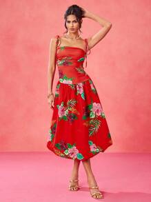 EBIB 设计师波西米亚风红色热带印花隧道褶皱蓬松中长太阳裙，节日，夏季，海滩，女士，音乐会，优雅，度假，商务休闲，西装，音乐会服装，舞会礼服婚礼狂欢服装