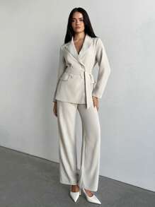 Aloruh Women's Elegant Business Commuting Suit Spring Suit Simple Formal Occasion Basic Two-Piece Suit Solid Color Long-Sleeved Suit Khaki 2pcs Light Apricot Suit Jacket + Pants Workwear Set,Suitable For Spring And Summer