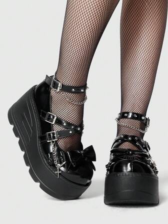Goth Zapatos de mujer con cadena oscura, estilo punk rock gótico, estilo mary janes de punta cerrada, mocasines con lazo, zapatos planos con plataforma y suela gruesa, estilo japonés