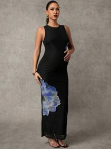 MaterniChic Maternity Bodycon Floral Print Round Neck Sleeveless Casual Dress