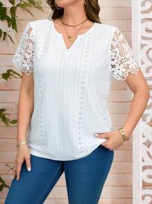 EMERY ROSE 大码女士休闲度假纯色蕾丝拼布衬衫，优雅女装，女士夏季服装/夏季，女士度假服装，夏季服装 - 白色 - 查看 1