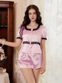 Côtesoire Conjunto de pijama para mujer con cuello de encaje