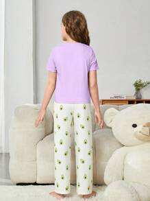 SHEIN Leap Crew Ensemble de pyjamas casual pour jeunes filles avec t-shirt ajusté à manches courtes à col rond en couleur unie et pantalon ample à imprimé amusant