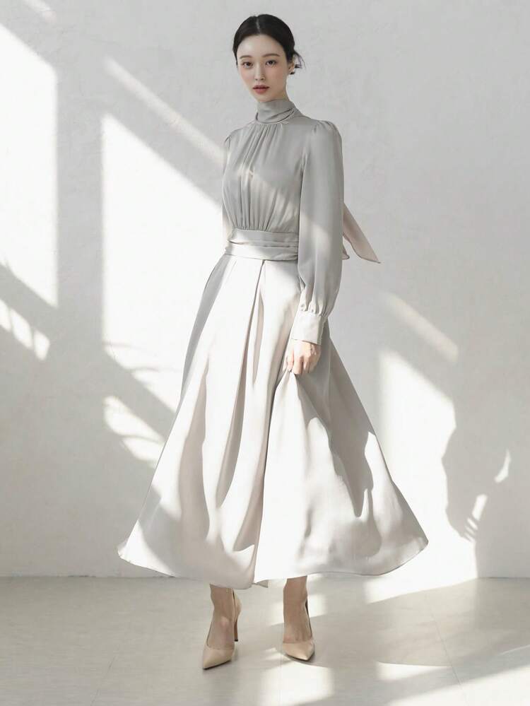SHEIN X Hannahelzahed Women's High Neck Cinched Waist Long Sleeve Midi Silk Satin Dress Elegant,Fall Dress