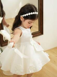 Baby Girls' Plus Size A-Line Dress With Solid Color, High-End Bow And 3D Floral Decor