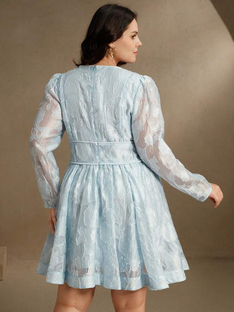 Elegant Jacquard Cutout Tie Neck Cinched Waist High-Low Hem Dress, Festival, Going Out, Vacation Outfits For Women, Spring Baby Blue Dress Women Organza Dress Pastel Blue Dress