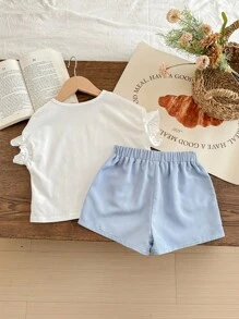 Blossori Young Girl French Letter Print Elegant T-Shirt And Shorts Set, Spring/Summer