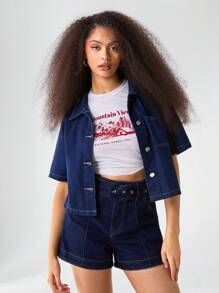 Athîral Cowgirl Women Casual Simple Short Sleeve Denim Jacket Western Wear Women - Navy Blue - View 3