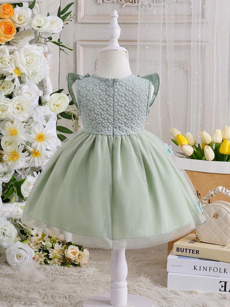 SHEIN Glamorique Kids فستان أنيق للبنات الرضع مزين بفيونكة وشبكة مكسرة، فستان أميرة للبنات الرضع، فستان دمية، صيفي - أخضر - مشاهدة 6