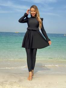 SHEIN Swim Mulvari Women's New Modest Two-Piece Swimsuit With Ruffle Design, Long Sleeve Round Neck Top And Long Pants, Conservative Style, For Summer Beach Vacation