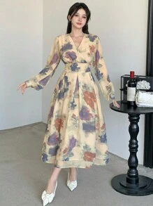 DAZY Women's V-Neck Long Sleeve Tie Dye Print Dress,Fall Dress Vacation Outfits Women - Khaki - View 4