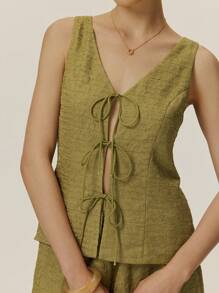Poéselle Stylish V-Neck Top And Loose Shorts Set With Lace-Up Details - Perfect For Summer Daytime Outfits, V-Neck Summer Fashion, Women's Two-Piece Sets, Chic Lace-Up Detail Sets, Olive Green Attire, Casual Summer Sets