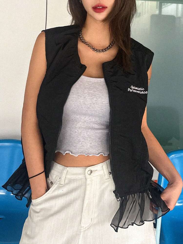 Women's Letter Embroidered Sleeveless Open Front Lace Patchwork Jacket Vest