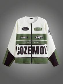 Manfinity VCAY Plus Size Men Woven Printed Letter Stylish Streetwear Long Sleeve Racing Jacket