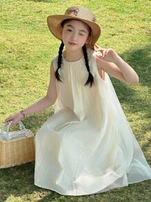 DAZY Tween Girls' Solid Color Crew Neck Pleated Sleeveless Casual Dress,Girls Summer Outfits,Back To School Clothes - Apricot - View 1