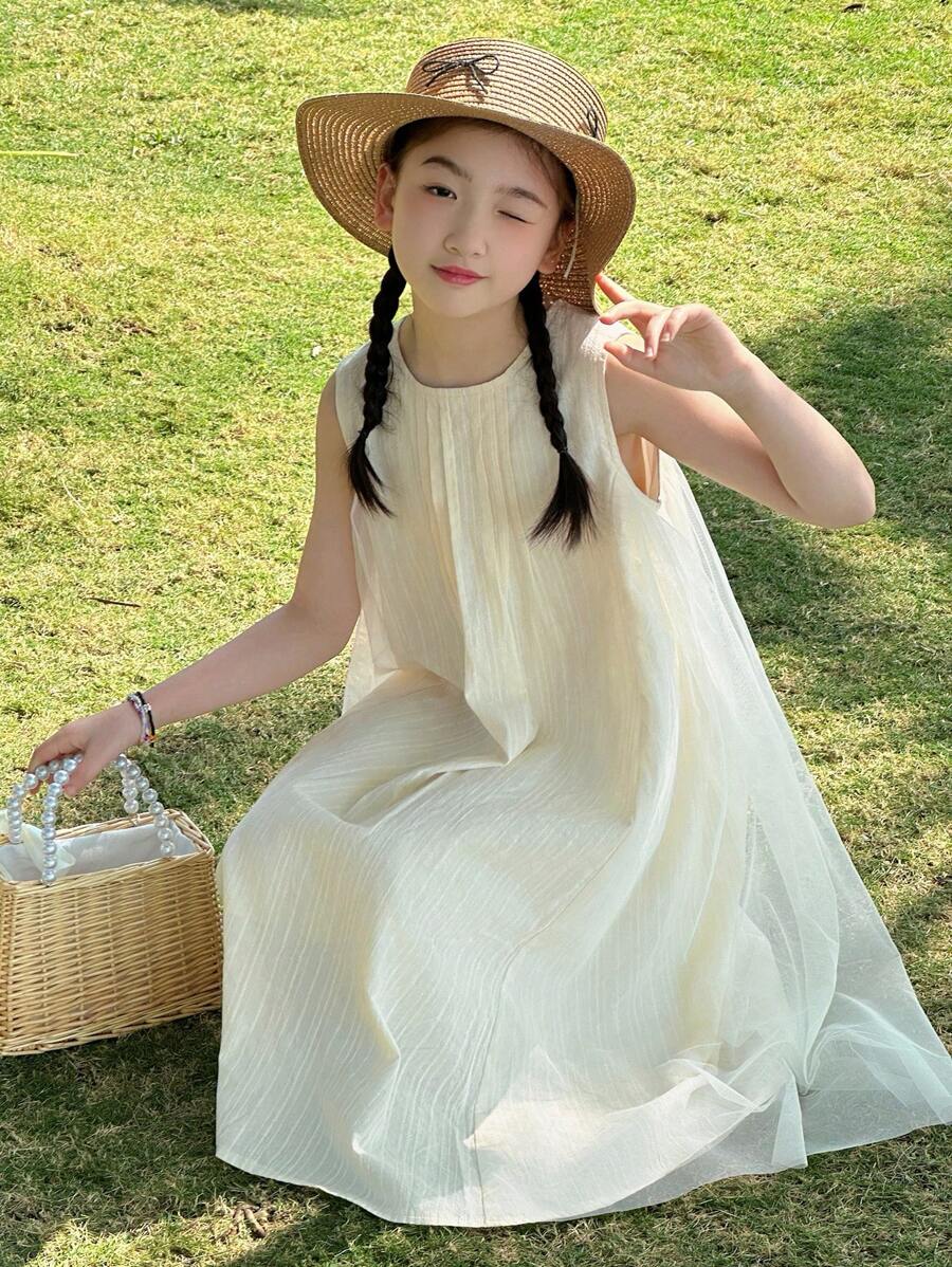 DAZY Tween Girls' Solid Color Crew Neck Pleated Sleeveless Casual Dress,Girls Summer Outfits,Back To School Clothes - Apricot - View 1