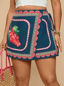 Travachic 大码女式热带水果印花系带短裤，休闲度假风格 - 墨綠色 - 查看 1