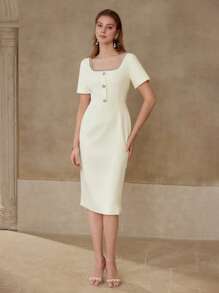 MOTF PREMIUM RHINESTONE BEADED BUTTON DECOR DRESS - Apricot - View 4