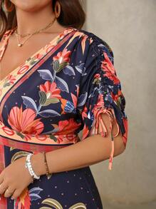 Breezaya Plus Size Women Valentine's Day Woven Floral Print V-Neck Tied Waist Short Sleeve Casual Dress, Cooling Dress, Stress Relief Outfit, Evening Long Gown, Elegant Fashion Women Loungewear, Summer Outfits For Women, St. Patrick's Day Rave Outfits, Festival Spring Break Outfits, Boho