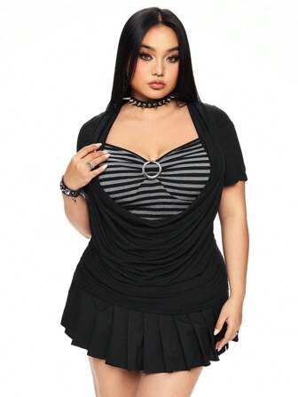 J-Fashion Maglietta oversize stile vintage Y2K, a collo tondo, con inserti a righe bianco e grigio