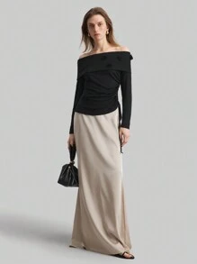 Ontre 女式黑色长袖露肩衬衫，带 3D 玫瑰花图案，夏季女士春季上衣，长袖女士上衣 - 黑色 - 查看 6