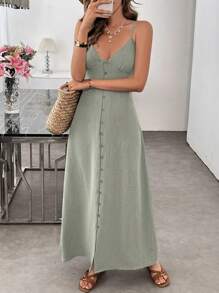SHEIN LUNE Váy xanh đậu phong cách resort mềm mại như vải lanh dành cho nữ - Màu xanh Ô liu - Xem 4