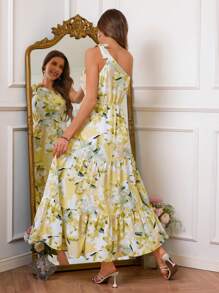 SHEIN VCAY Vestido largo de mujer con cuello de hombro, lazo y estampado romántico para vacaciones de verano, ideal para fiestas, bodas, festivales de música, citas, fiesta con amigos o para la oficina