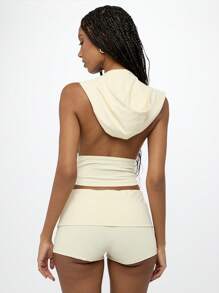 SUMWON WOMEN Hooded Cowl Neck Sleeveless Cropped Summer Top Draped Design Festival Style Streetwear Fashion Bohemian Beachwear - Apricot - View 2