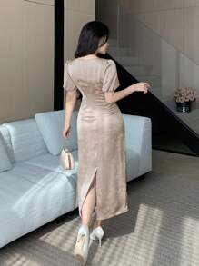 DAZY Women's Solid Color Square Neck Puff Sleeve Pleated Mid-Length Dress Elegant,Formal Women Dresses - Pink - View 2