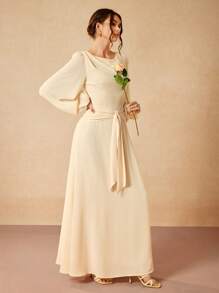 Oxana Designer weißes elegantes langes Ärmeln Knoten A-Linien Rundhals Maxikleid, Festival Outfits, Hochzeitssaison, für Frauen, Konzert, Elegant, Urlaub, Business Lässig, Minimalismus, Abiballkleid