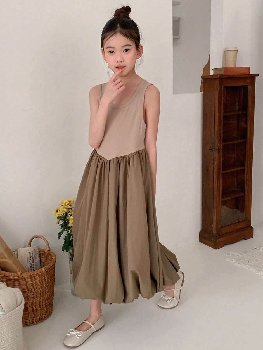 DAZY 青少年女孩纯色拼布无袖简约褶皱休闲连衣裙,女孩夏季服装,返校服装 - 咖啡 - 查看 1