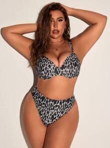 Swim SXY Plus Size Women's Leopard Print Simple Daily Bikini Set Summer Beach