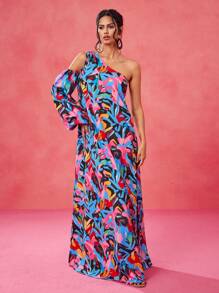JIAN LASALA Vrouwen Multicolor Maxi-jurken Boho Asymmetrische Hals Lange Mouw Tropisch, All-over Print Asymmetrisch, Volant, Split Dij Zomeroutfits voor Vrouwen Zomerjurk Vrouwen Vakantie-outfits Uitgaan, Strandoutfits voor Vrouwen