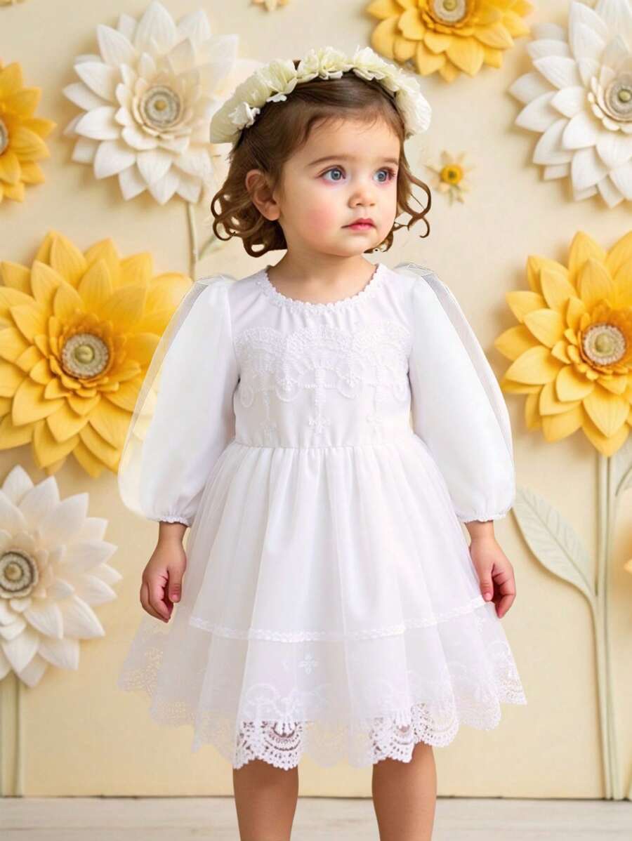 Infant & Baby Girl Luxury Elegant Lace Patchwork White Dress - White - View 1