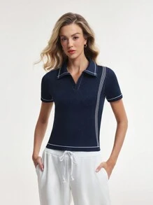 SHEIN Sports قميص بولو أنثوي لون سادة ، ياقة على شكل V ، بسيط وأنيق للارتداء اليومي العادي - أزرق بحري - مشاهدة 3