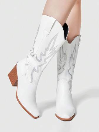 Fairycore Botas occidentales de media pantorrilla para mujer con bordado simétrico detallado de lentejuelas, nuevas botas de piel para primavera y otoño