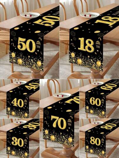 SHEIN 1Pc 35*180Cm Black Hot Stamping 18 Years 30 Years 40 Years 50 Years 60 Years 70 Years 80Th Birthday Tablecloth, Black Gold Balloon Theme 18Th Birthday 30Th Birthday 40Th Birthday 50Th Birthday 60Th Birthday 70Th Birthday 80Th Birthday Party Gift Decorative Supplies, Birthday Home Decoration Room Decoration Polyester Tablecloth Decoration, Birthday Decoration Tablecloth, Birthday Gift, Party Favor