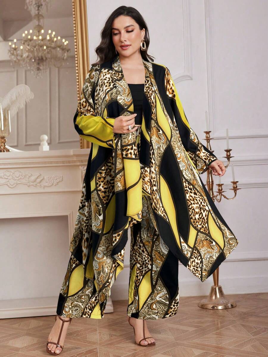 Modelyn Plus Size Women 2pcs Set Leopard Print Asymmetric Hem Long Sleeve Jacket And Pants - Yellow - View 1