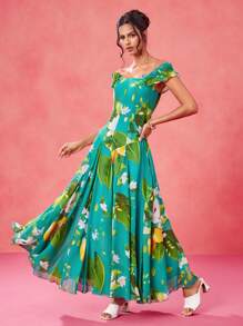 BELANGE HANDMADE Designer Boho Bohemian Multicolor Chiffon Lemon & Green Plant Print Off Shoulder Ruffle Sleeve Corset Bodice Drop Waist Elegant Maxi Sun Dress, Festival, Tropical, Summer, Beach, For Women, Vacation Casual Western Wear, Concert Outfit Resort Spring Maxi Dress Vacation Tropical Elegant Dress Women Evening Gown Prom Dresses Evening Dress Formal Dress Floral Dress Wedding Rave Outfit - Multicolor - View 6